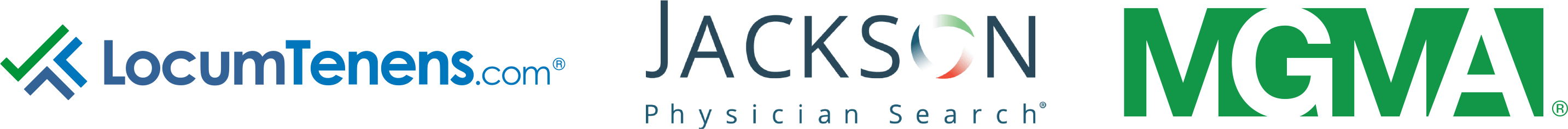 Logos for LocumTenens.com, Jackson Physician Search, and MGMA.